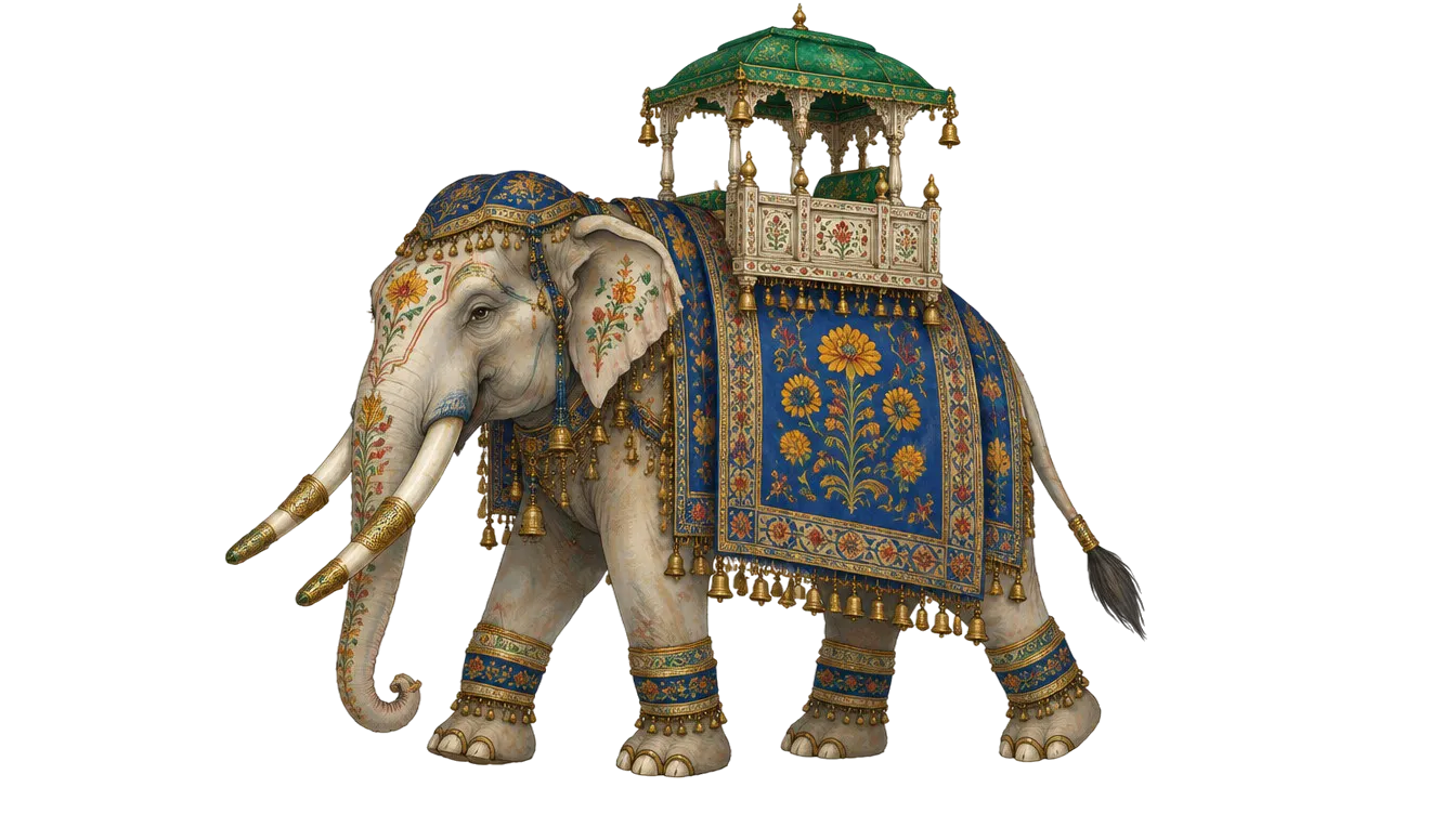 Marigold, gajah perang berhias pelana lapis dan howdah gading