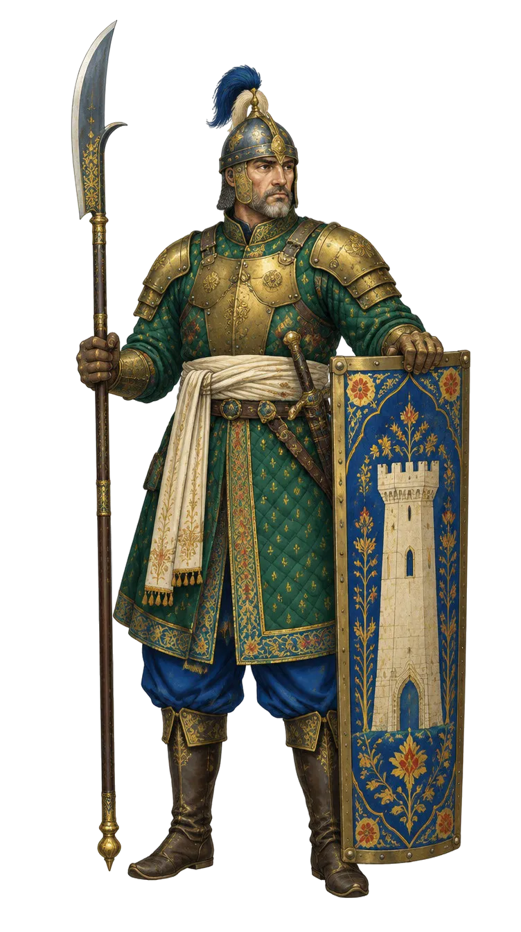 Teodor Kane dengan glaive dan perisai menara